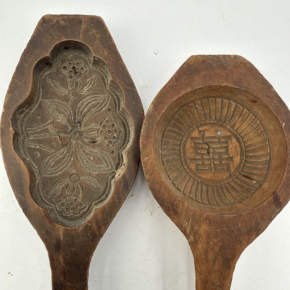 Lot Of 2 Antique Asian Carved Wood Rice Cake Mold Floral Primitive Decor Plaque